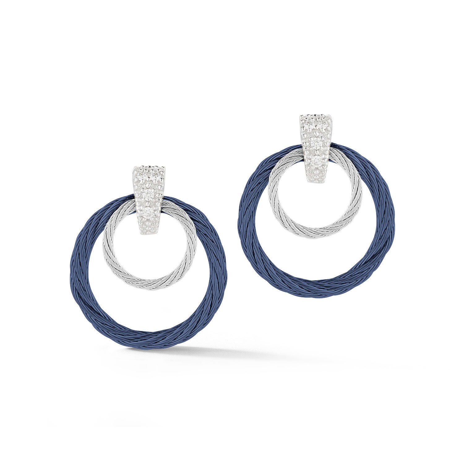Small Double Circle Earrings w/ Diamond in Blue & Silver