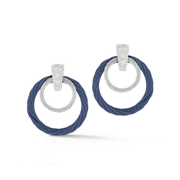 Closeup photo of Small Double Circle Earrings w/ Diamond in Blue & Silver