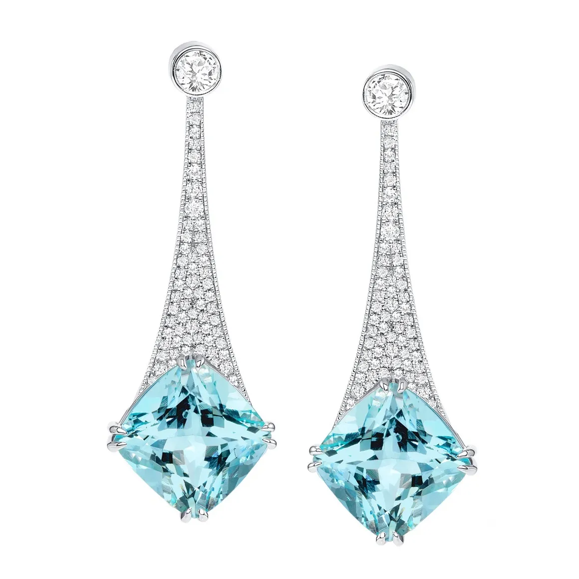 Aquamarine Drop Earrings with Pave diamonds - Gia Certified