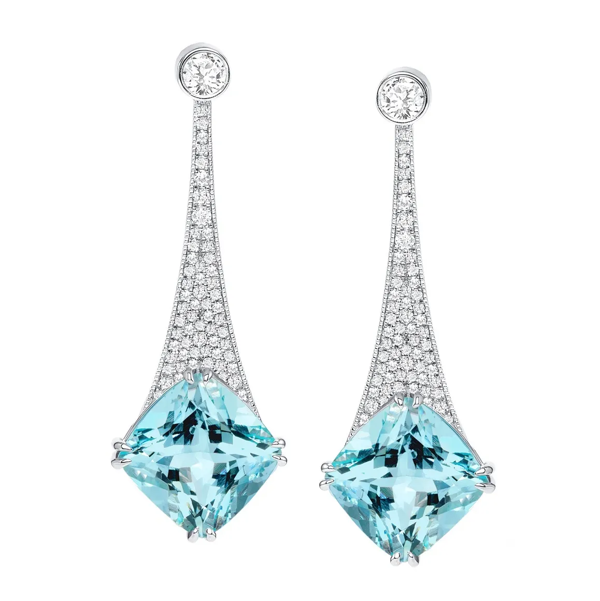 Closeup photo of Aquamarine Drop Earrings with Pave diamonds - Gia Certified