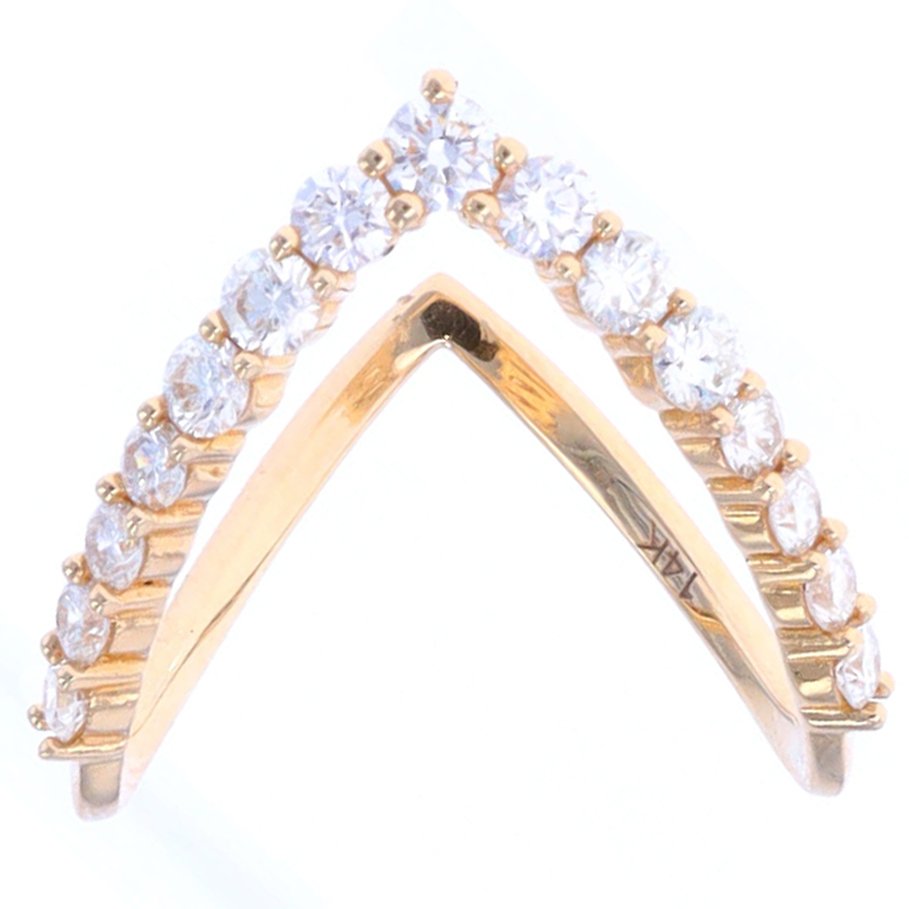 14k Yellow Gold V Shaped Ring With Pave Diamonds