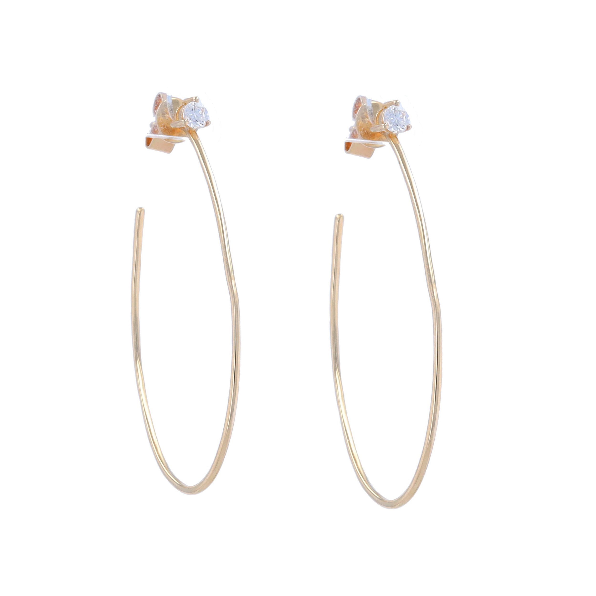 14k Yellow Gold Open Oval Hoop Earrings With Solitaire Diamond Post