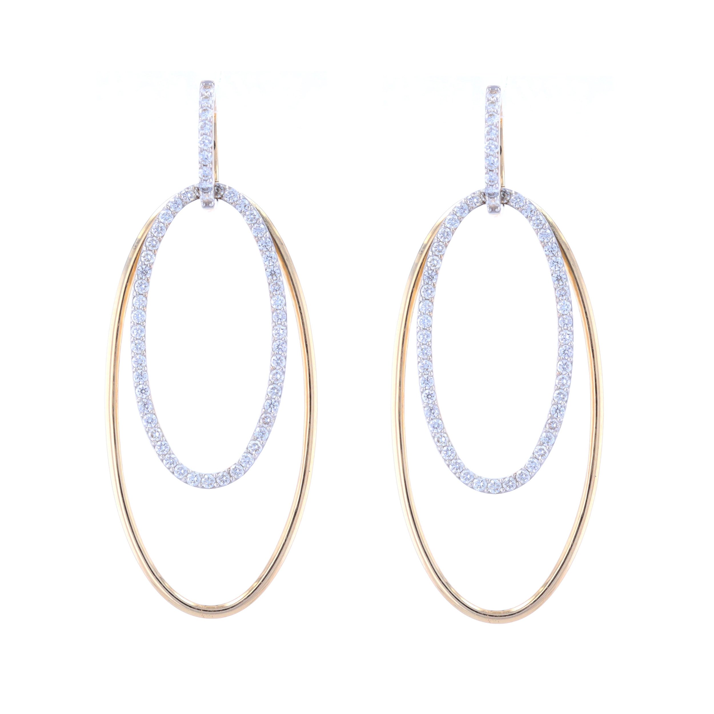 14k Yellow Gold Double Oval Hoop Earrings With Pave Diamonds