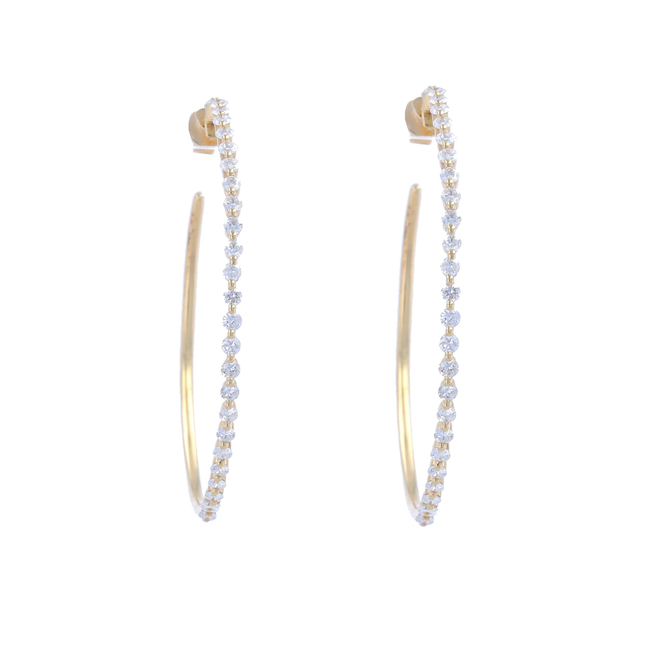 14k Yellow Gold Open Round Hoop Earrings With Shared Prong Diamonds