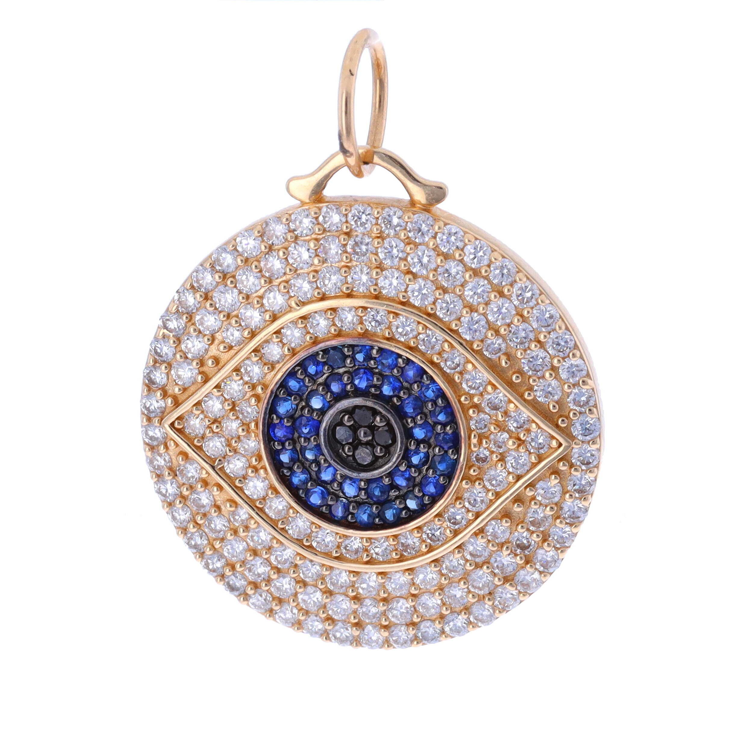 14k Yellow Gold, Evil Eye Pave Diamond And Blue Sapphire Charm Pendant