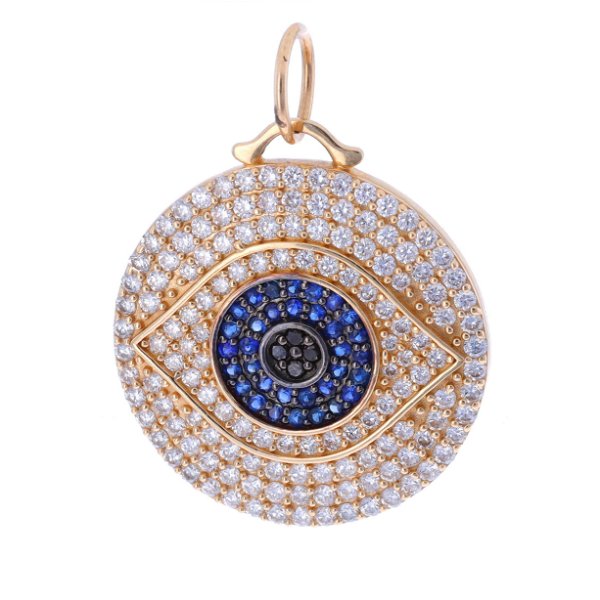 Closeup photo of 14k Yellow Gold, Evil Eye Pave Diamond And Blue Sapphire Charm Pendant