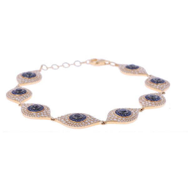 Closeup photo of 14k Yellow Gold Evil Eye Link Bracelet With Pave Diamonds And Blue Sapphires And Blue Diamonds