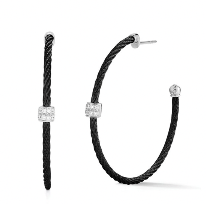 Black Cable Hoop Earrings with 18kt White Gold & Single Diamond Station