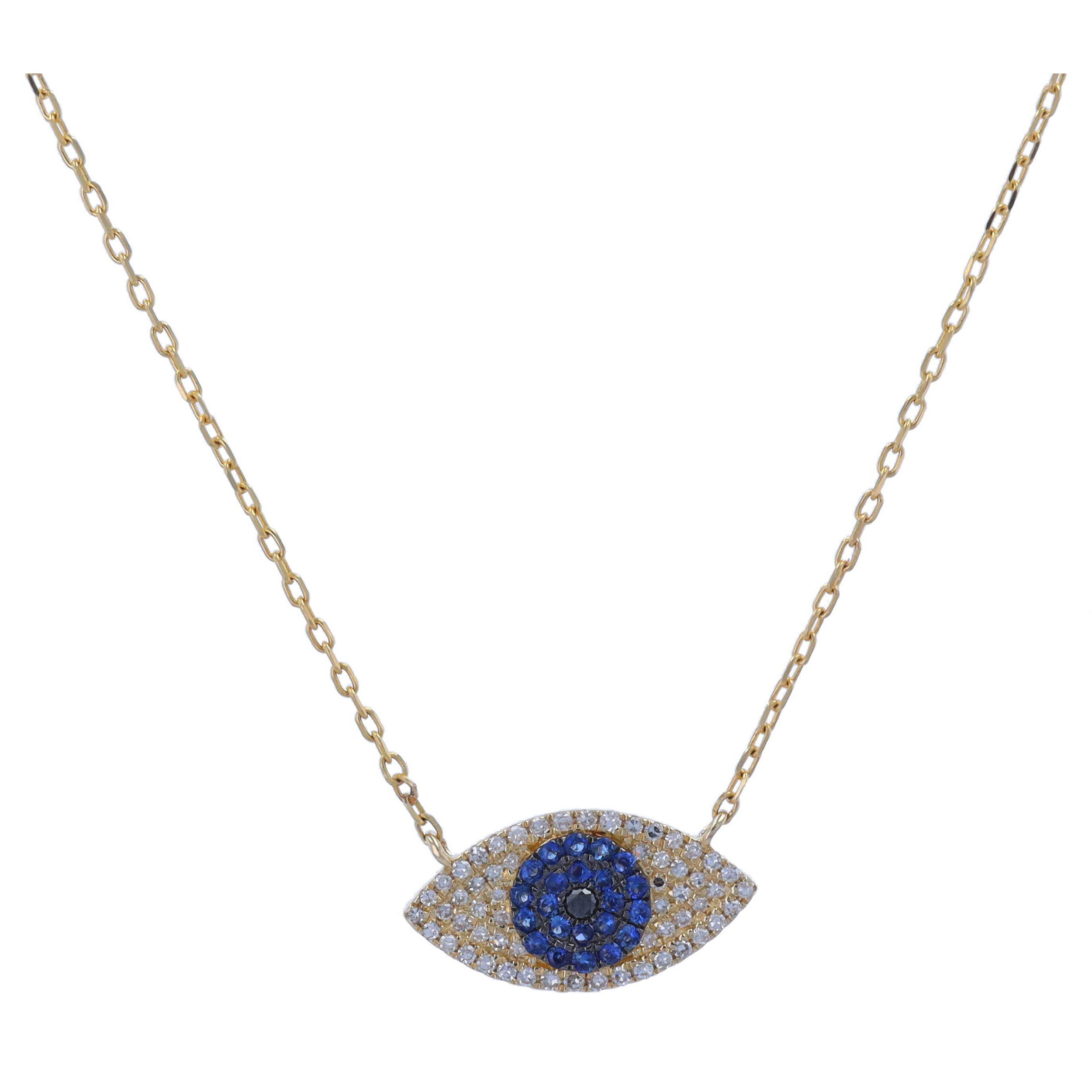 14k Yellow Gold Diamond and Blue Sapphire Evil Eye Pendant Necklace