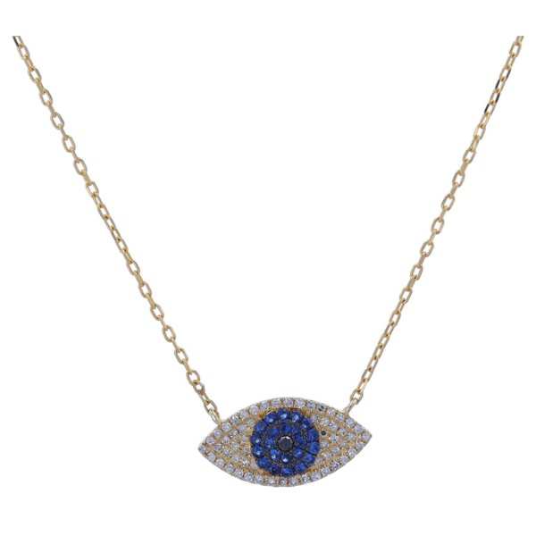 Closeup photo of 14k Yellow Gold Diamond and Blue Sapphire Evil Eye Pendant Necklace