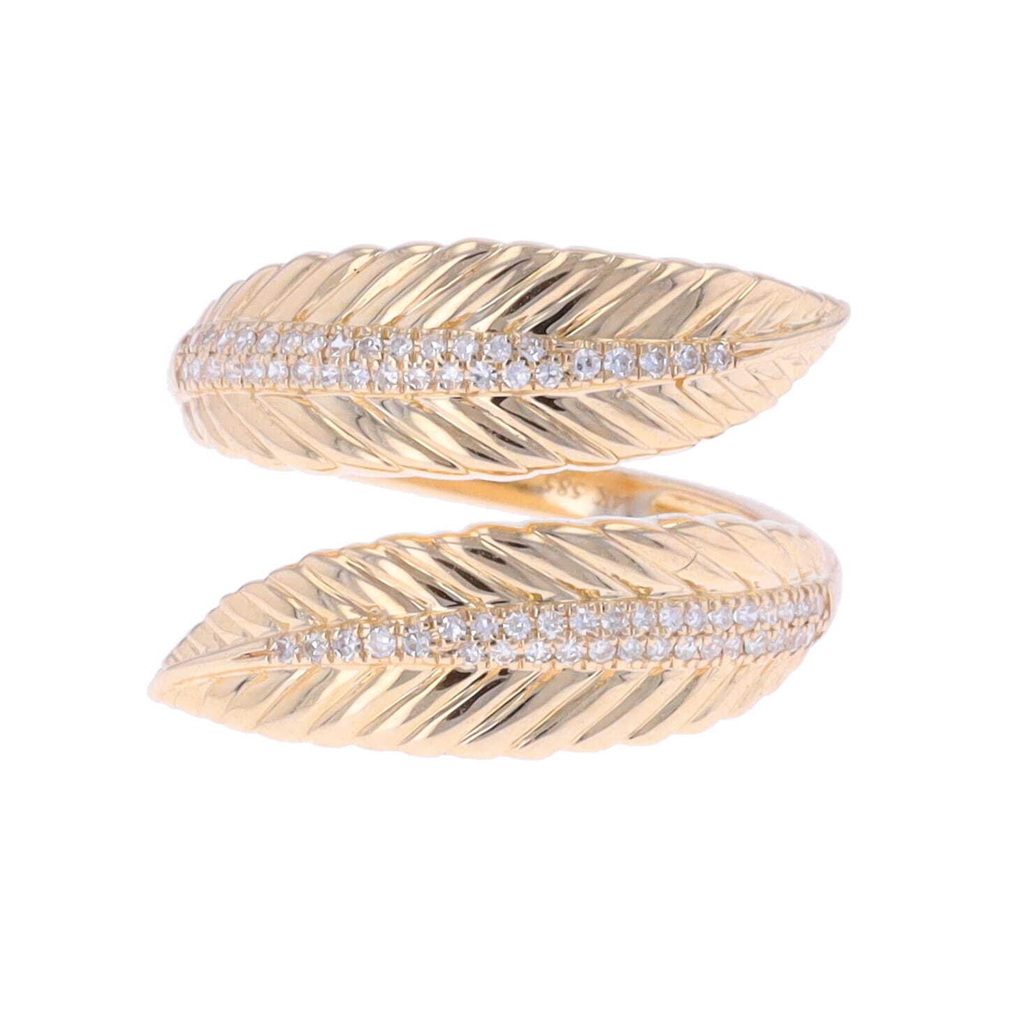 14k Yellow Gold Feather Crossover Ring with Diamonds