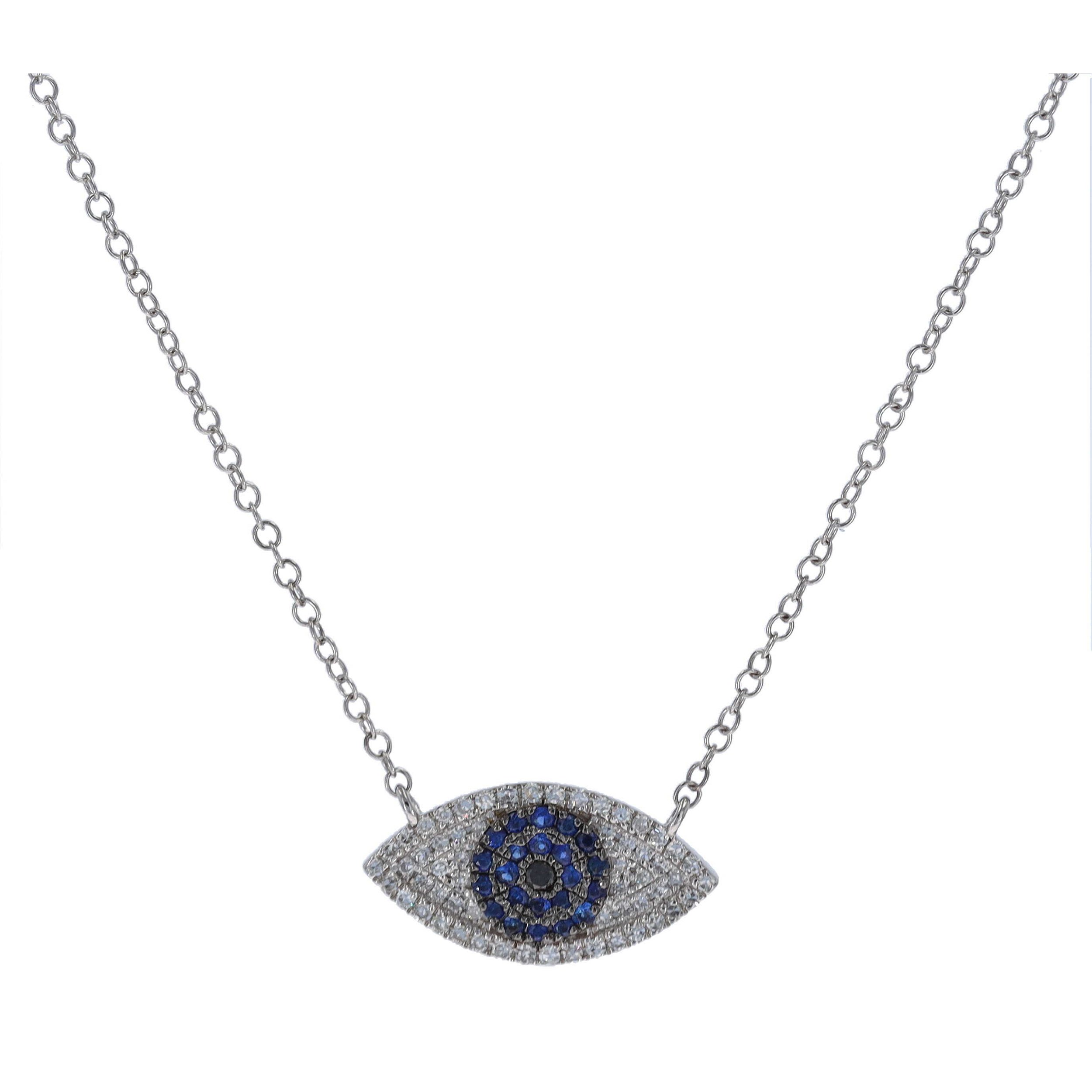 14k White Gold Diamond and Blue Sapphire Evil Eye Pendant Necklace