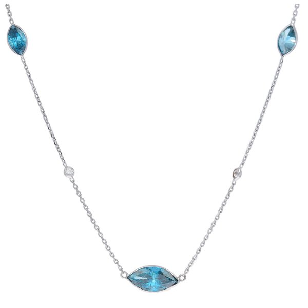 Closeup photo of 3 Marquis cut Blue Diamond and 2 Bezel Set White Diamond Necklace
