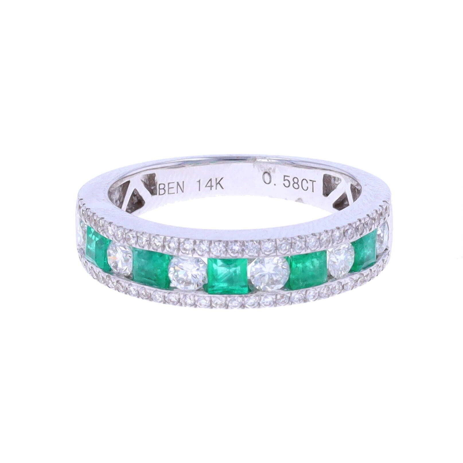 Prong Round and Channel Diamond With 5 Princess Emerald Ring