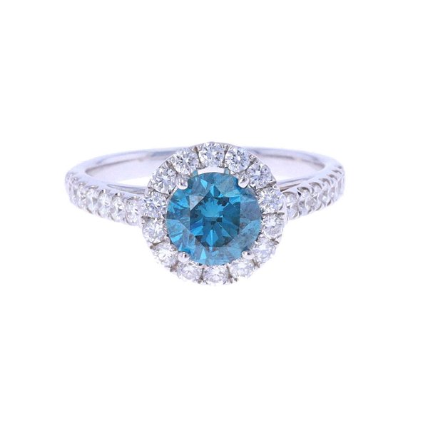 Closeup photo of Prong Round Halo Ring With Blue Diamond Center