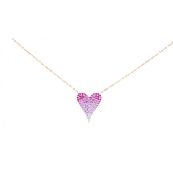 Closeup photo of 14k Yellow Gold Pink Sapphire Ombre Heart Layering Necklace