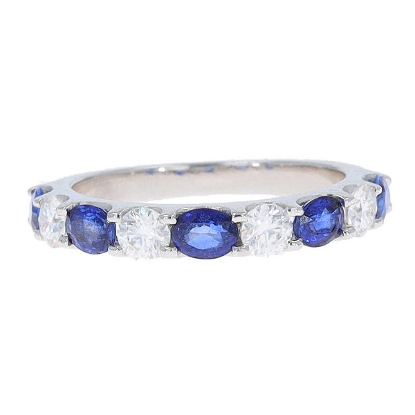 Closeup photo of 18k White Gold Oval Blue Sapphires and Round Diamonds Band