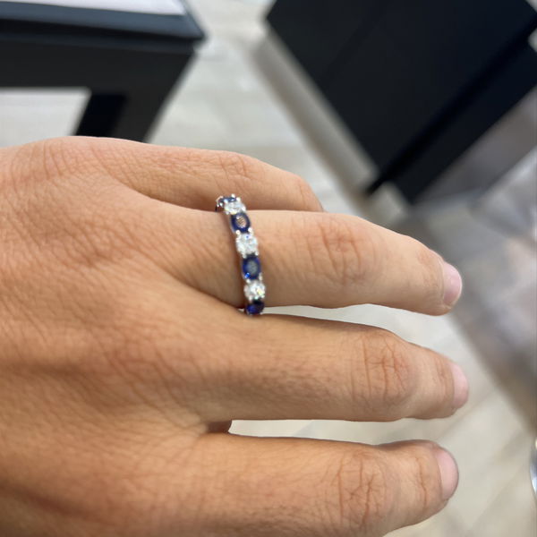 Closeup photo of 14k White Gold Oval Blue Sapphires and Round Diamonds Band