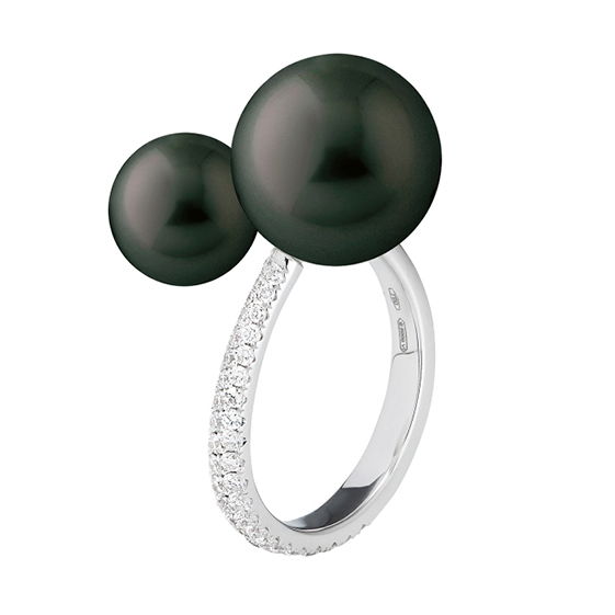 TL Crossover Pearl Ring 0.42ct V/GS 18K White Gold Black South Sea Pearl 8-9mm; 11- 12m