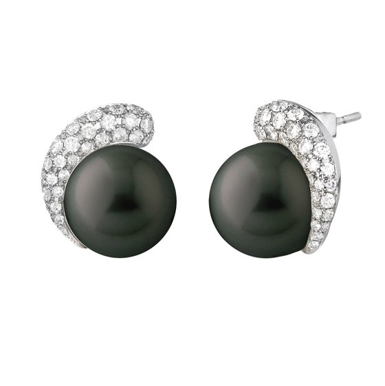 Closeup photo of Diamond Bezel Pearl Earrings 18K White Gold; Black SSP 10-11mm 0.66ct Diamonds