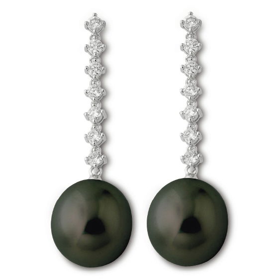 TL Long Drop Earrings w/Diamonds 18K White Gold Black South Sea Pearl 11- 12mm 0.46Ct Diamonds