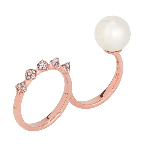 Closeup photo of Spike & Pearl 2-Finger Ring 18K Rose Gold; White South Sea Pearl 10- 11mm 0.19ct Pink Sapphire