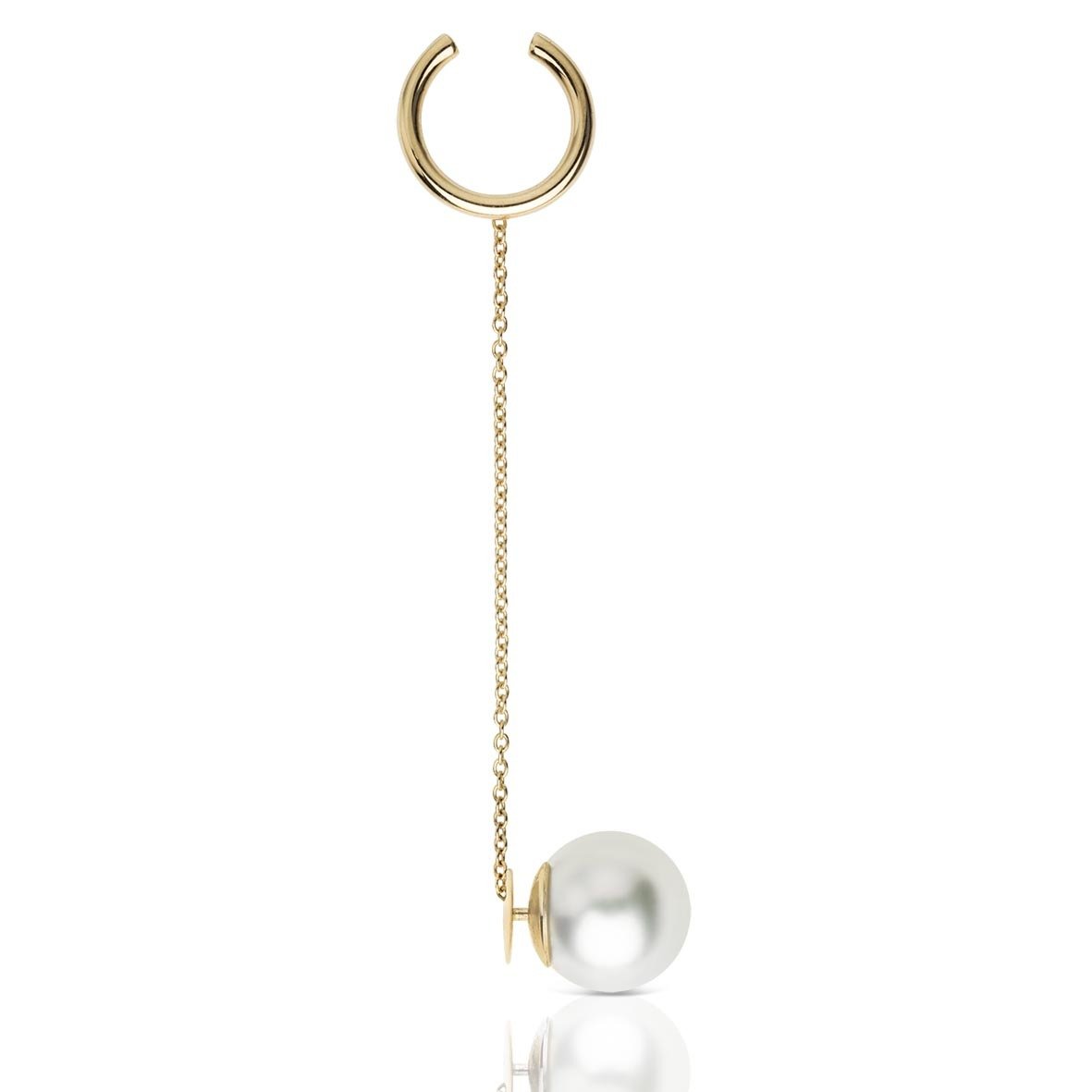 Thin Cuff with Pearl Stud Earring 18K Yellow Gold White South Sea Pearl 11-12mm