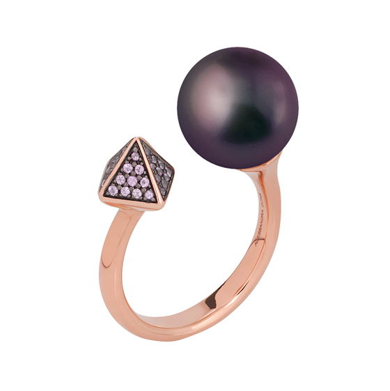 Closeup photo of AD Pearl & Spike Combo Ring 18K Rose Gold; B South Sea Pearl 11-12mm Rhodolite; 0.16ct