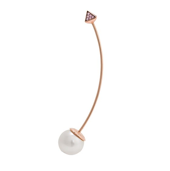 Closeup photo of Pearl & Spike Long Mono Earring 18K Rose Gold; White South Sea Pearl 10-11mm 0.1ct Pink Sapphire