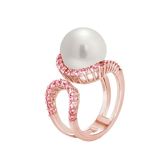 Closeup photo of TL Infinity Wrap Ring 18K Rose Gold; W South Sea Pearl 11-12mm Pink Sapphire 0.99ct