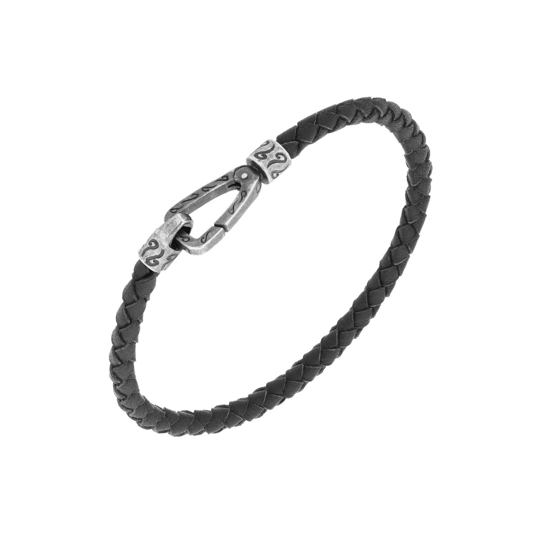 Lash Woven Bracelet. Oxidized Silver. Black Woven Leather