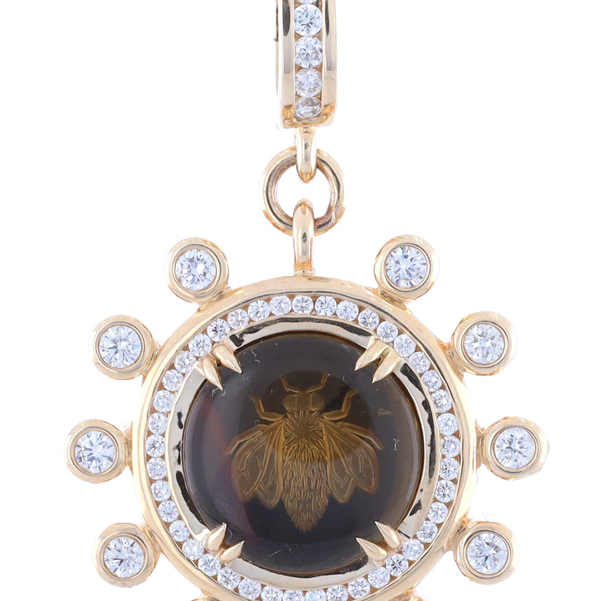 Closeup photo of 14k Yellow Gold Black Obsidian Intaglio Bee Pendant with Diamonds