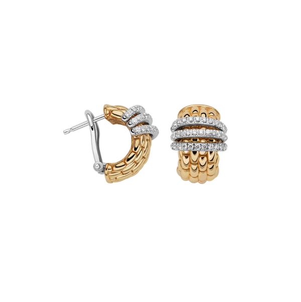Closeup photo of Panorama Earrings in Yellow Gold with 3 Pave Diamond Rondels