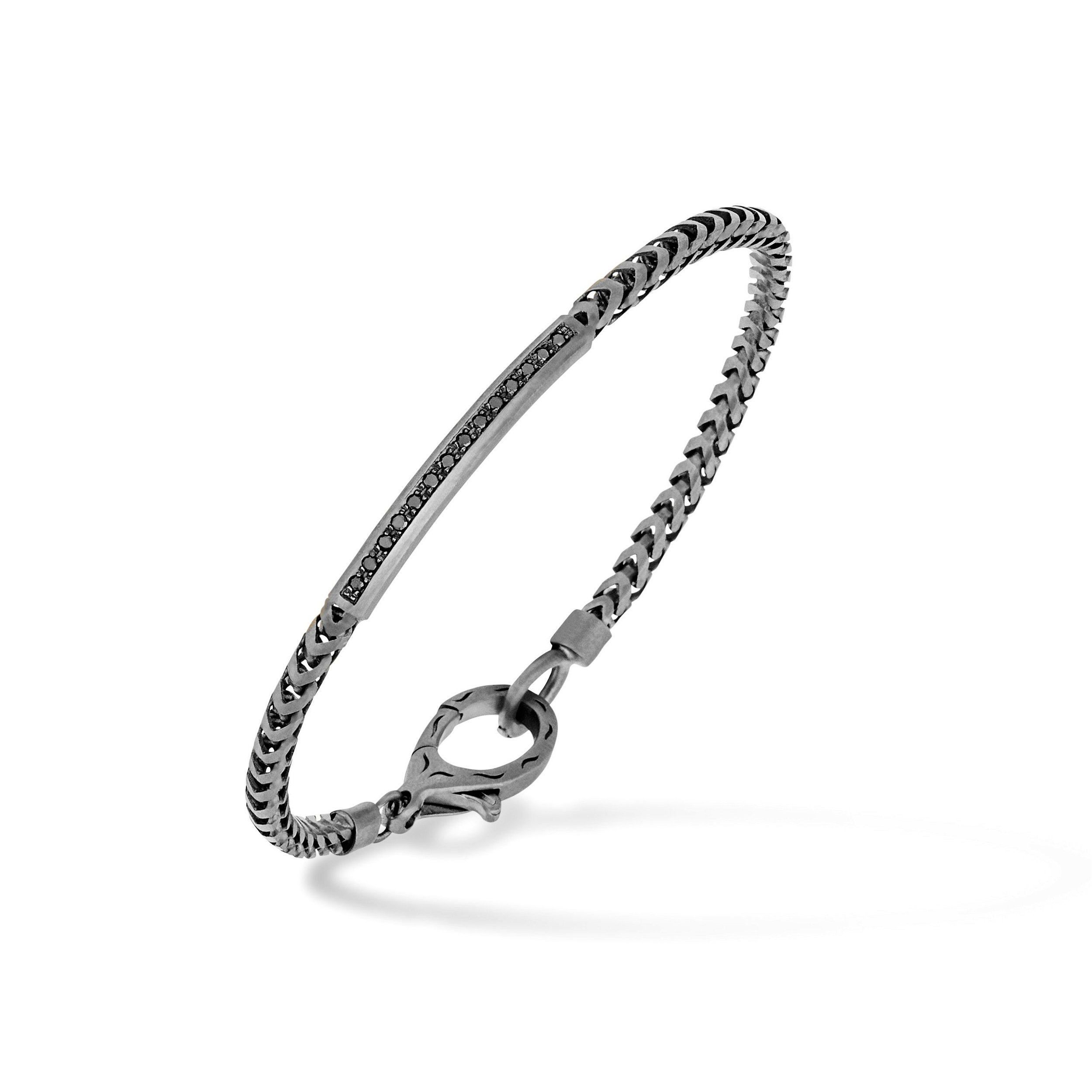 Ulysses ID Bracelet with Franco Chain Oxidized Sterling Silver and Black Diamonds