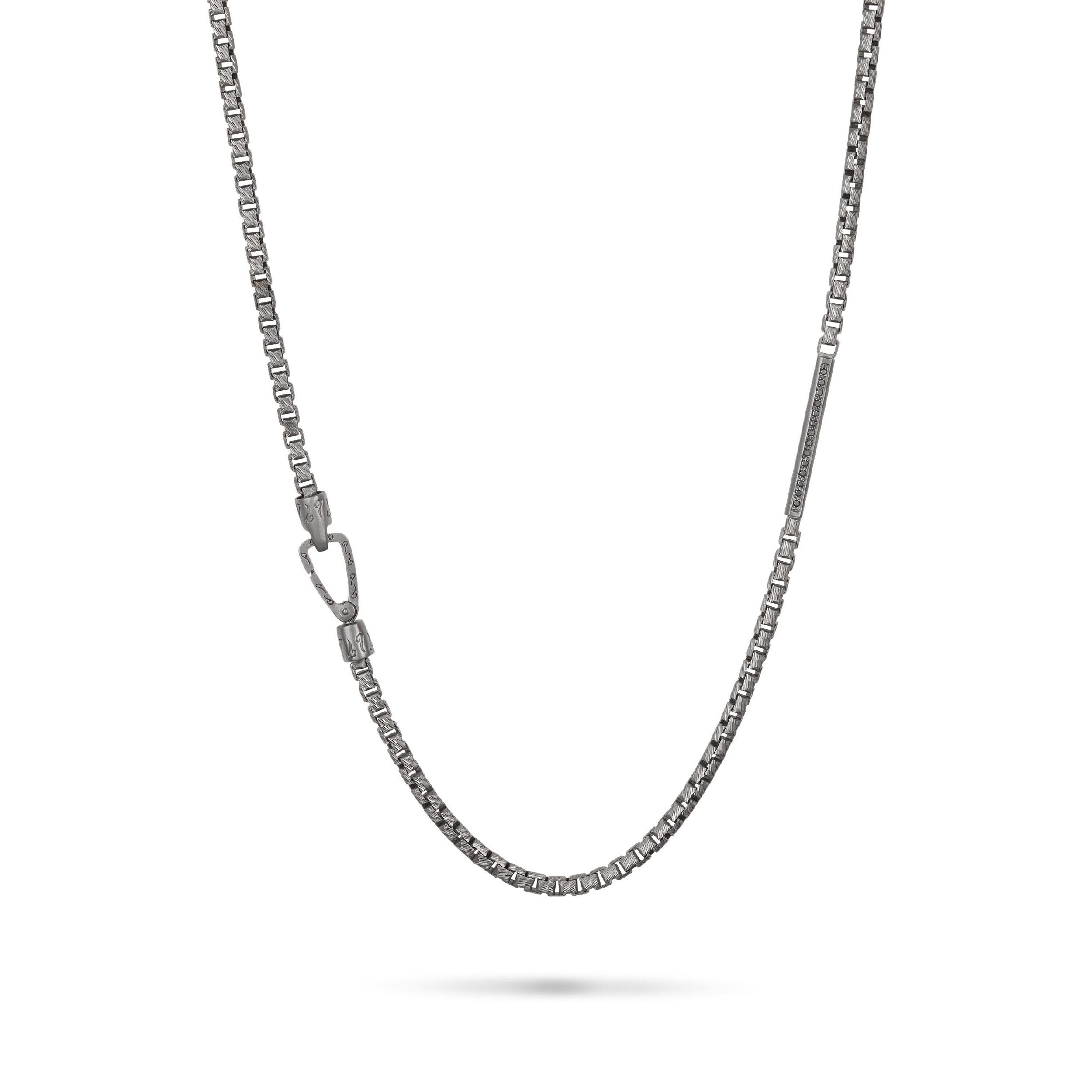 Ulysses Box Chain Necklace Oxidized Sterling Silver and Black Diamonds