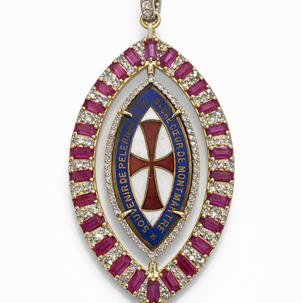 Closeup photo of St. Benedict & Sacred Heart Spin Pendant with Rubies