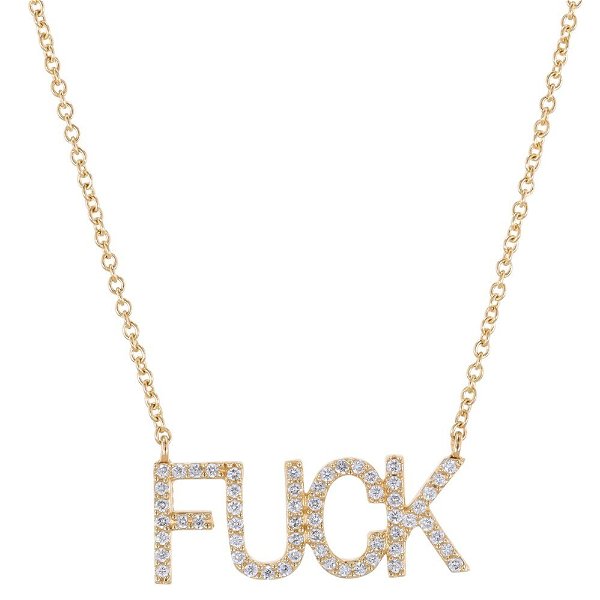 Closeup photo of 14k Pave Diamond "Fuck" Pendant Necklace in Yellow Gold