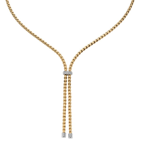 Closeup photo of FOPE 18k Yellow Gold Lariat necklace from the Eka collection that has an 18k white gold rondel.