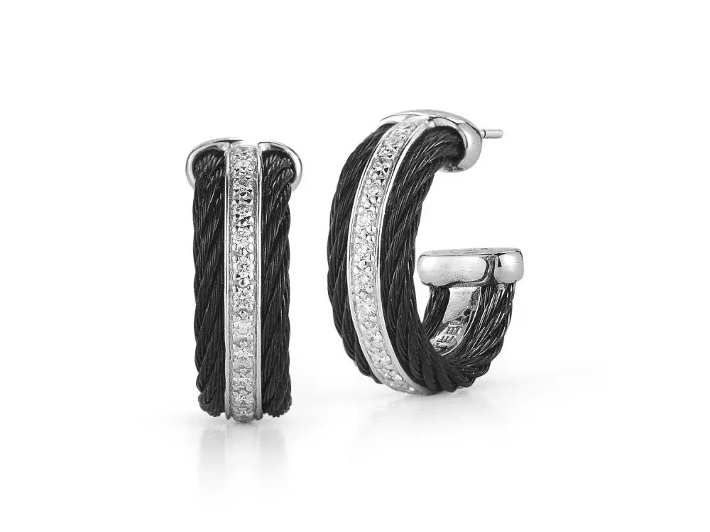 Closeup photo of Black Cable Huggie Earring with Diamonds