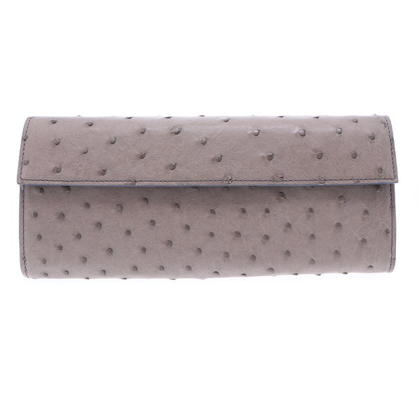Closeup photo of Grey Ostrich Day Clutch