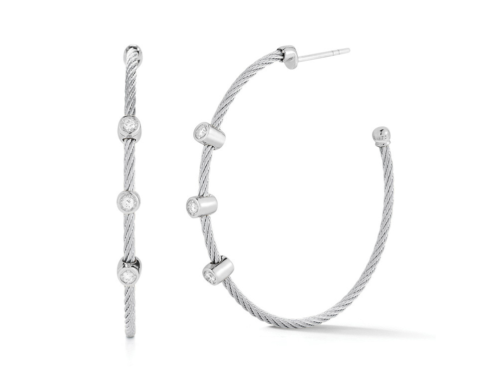 Grey Cable Hoop Earrings with 18kt White Gold & Triple Diamond Station