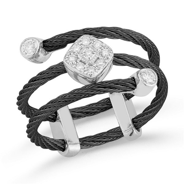 Closeup photo of Black Cable Flex Ring with Diamond Shaped Diamond Station Set in 18kt White Gold