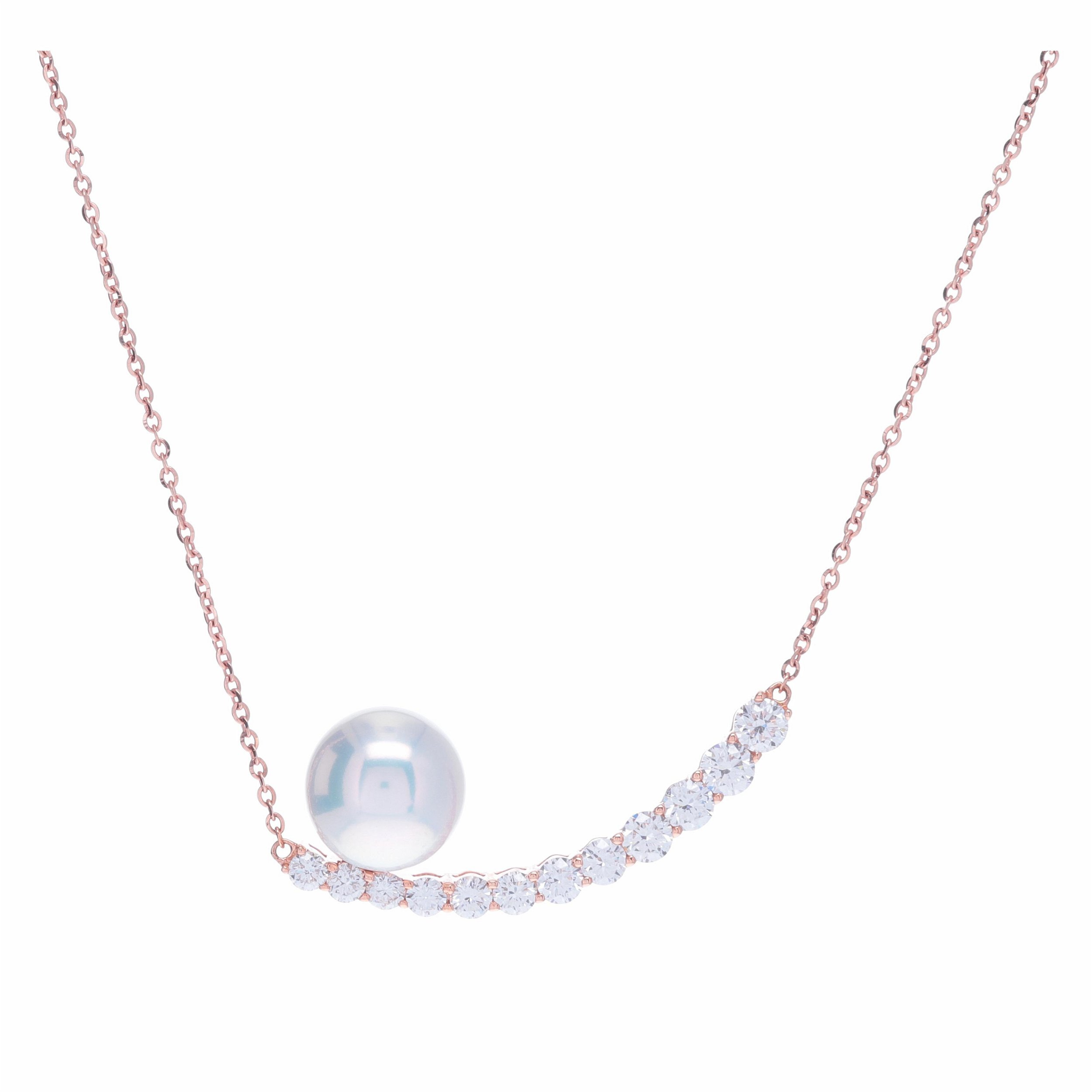 18k Rose Gold Diamond Crescent Pendant Necklace with Pearl Detail