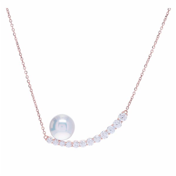 Closeup photo of 18k Rose Gold Diamond Crescent Pendant Necklace with Pearl Detail