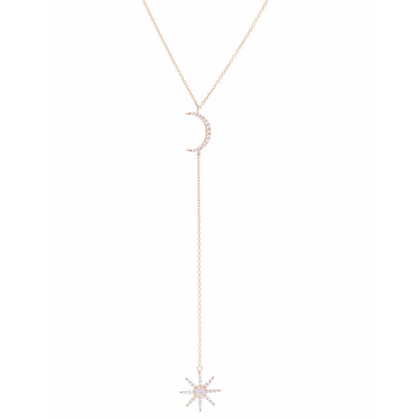 Closeup photo of 14k Yellow Gold Y-Neck Moon & Star Drop Necklace