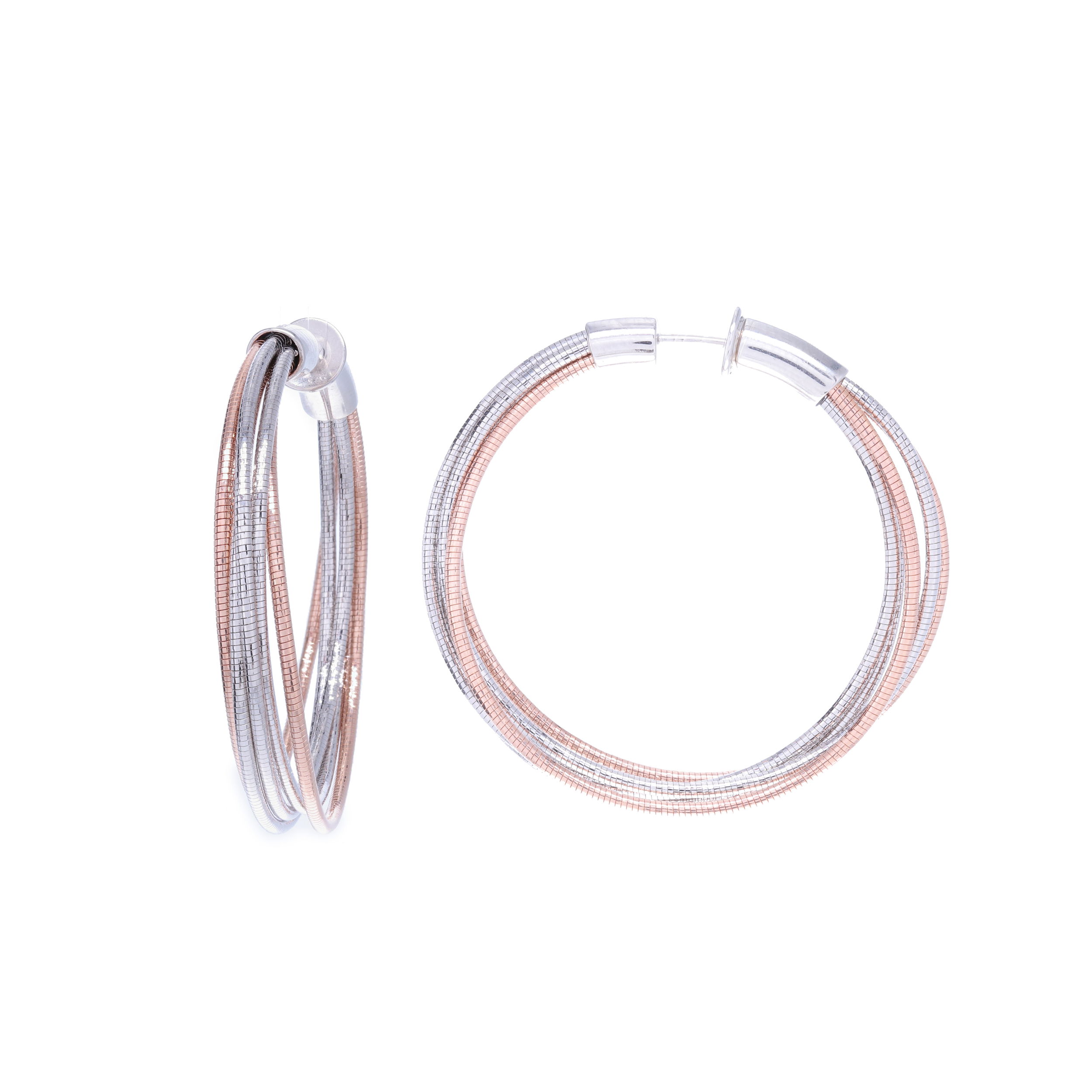 DNA Spring Collection presented by Pesavento offers these small hoops that are lightweight and stylish. Each earring has five bands of metal which gives it its unique look and flexibility. A special and much loved feature about these earrings is that there is no separate back as they are infinity hoops. These are earrings are perfect for everyone because they come in 5 different color options!! Small Hoop Earrings