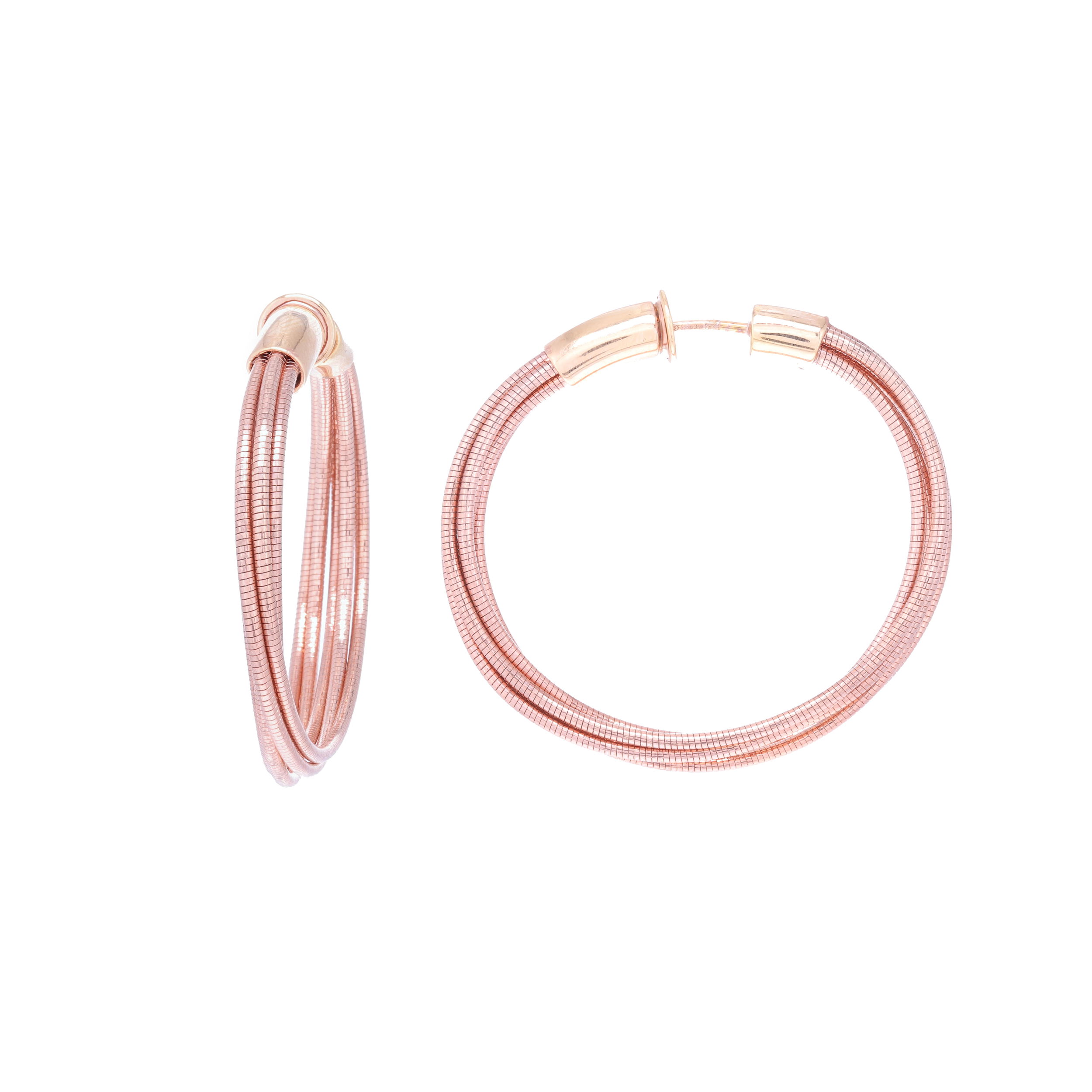 DNA Spring Collection presented by Pesavento offers these small hoops that are lightweight and stylish. Each earring has five bands of metal which gives it its unique look and flexibility. A special and much loved feature about these earrings is that there is no separate back as they are infinity hoops. These are earrings are perfect for everyone because they come in 5 different color options!! Small Hoop Earrings