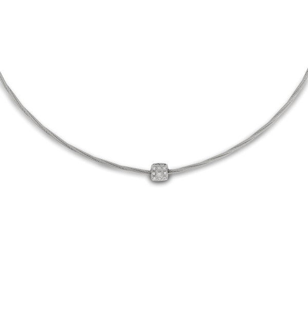 Closeup photo of Single Square Diamond Station on Micro Cable Necklace