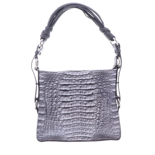 Closeup photo of Grey Caiman Croc Shoulder Bag with Dark Navy Ostrich Trim