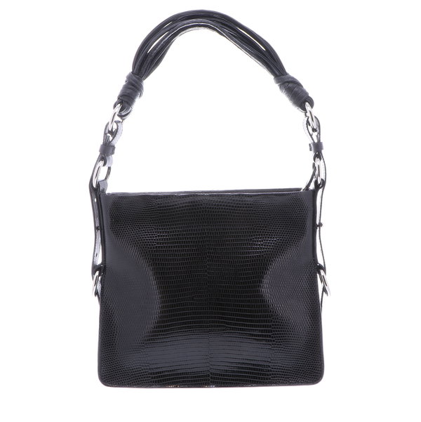 Closeup photo of Black Lizard Shoulder Bag with Black Ostrich Trim